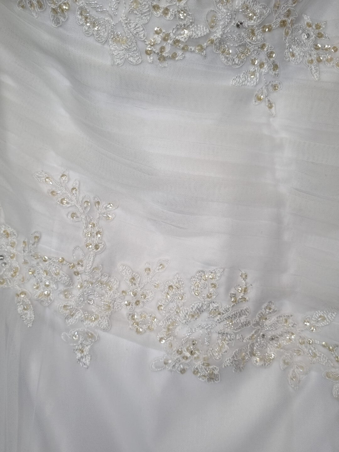 Imoda White Satin Tulle Beaded Applique Ruched Wedding Dress Sz 122