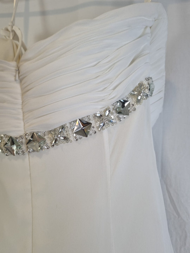 Imoda Ivory Chiffon Ruched Crystal Beaded Train Wedding Dress Sz 811