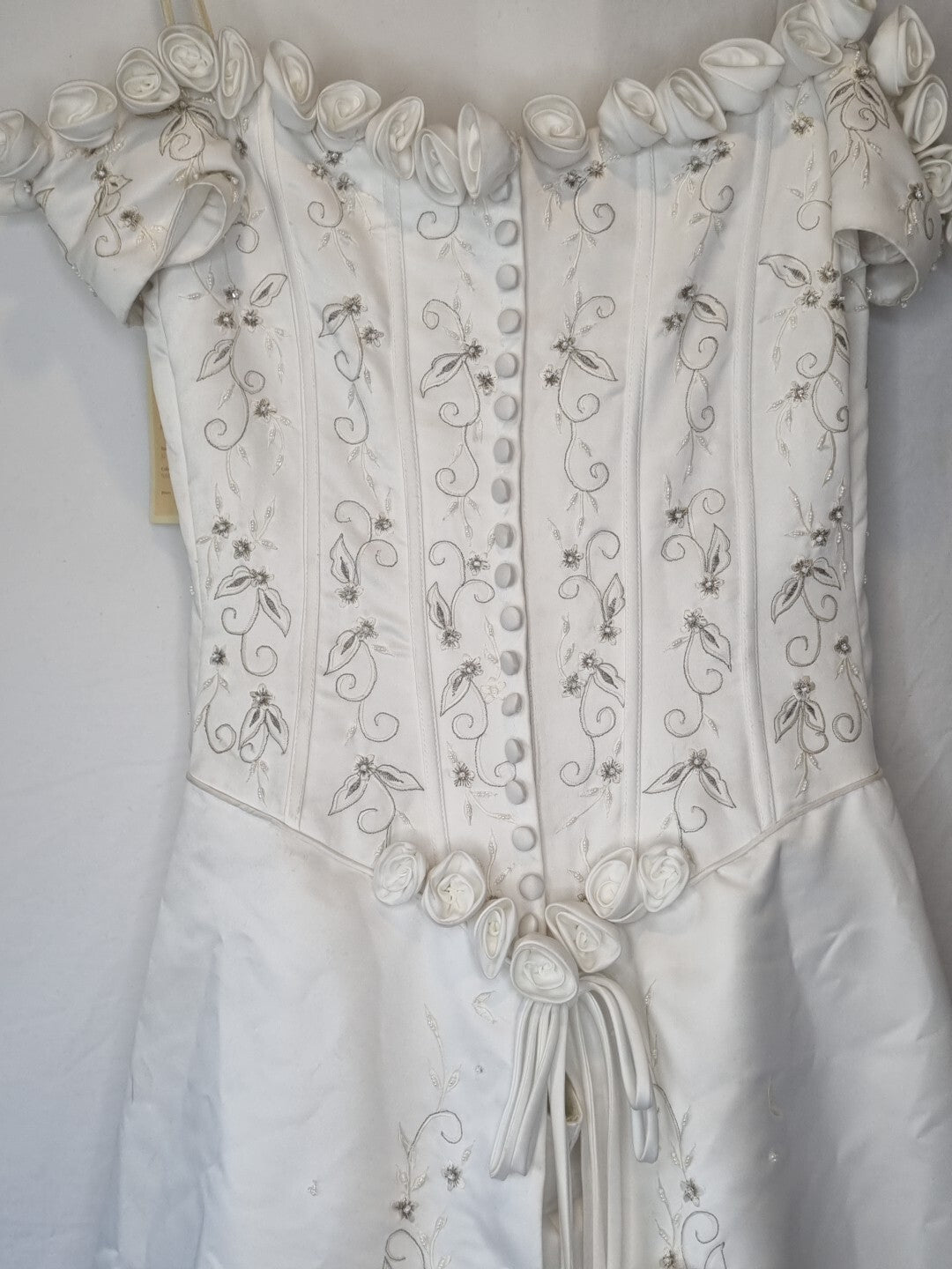 Imoda White Satin Corset Off Shoulder Beaded Roses Train Wedding Dress Sz 1210