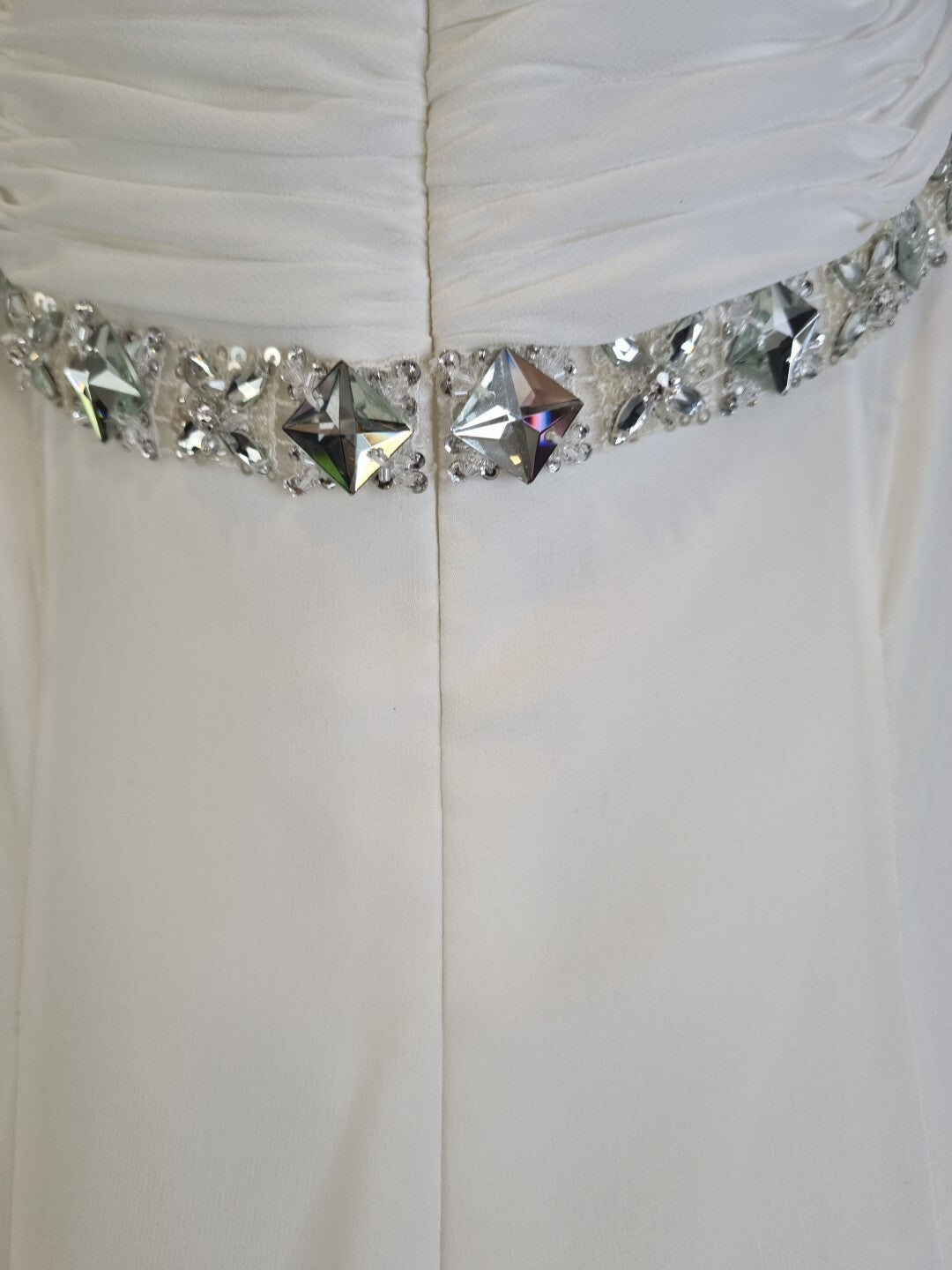 Imoda Ivory Chiffon Ruched Crystal Beaded Train Wedding Dress Sz 813