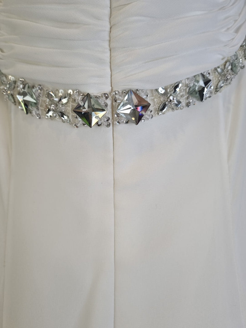 Imoda Ivory Chiffon Ruched Crystal Beaded Train Wedding Dress Sz 813