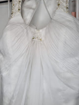 Imoda White Chiffon Ruched Beaded Round Neck High Back Wedding Dress Sz 84