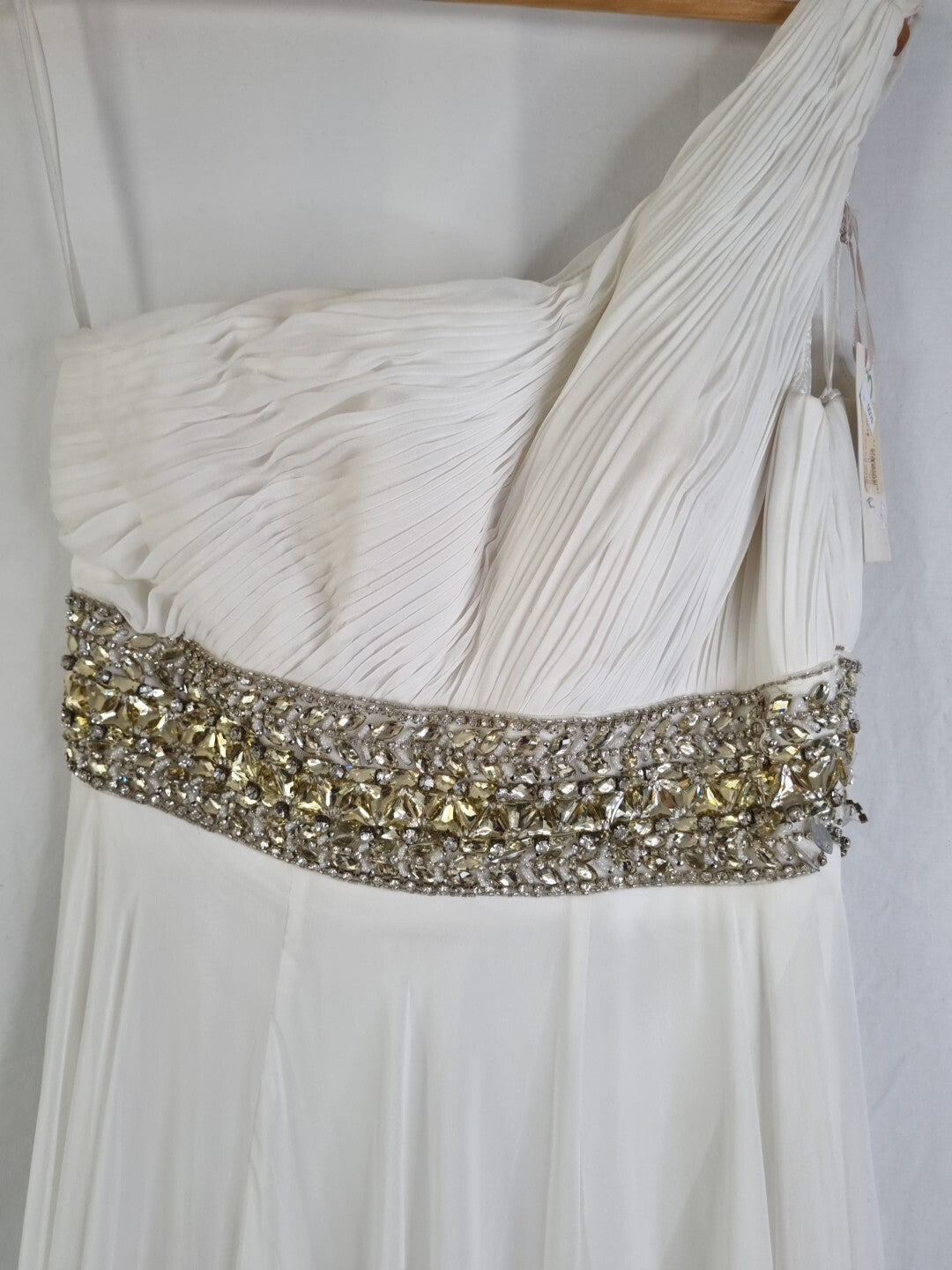 Imoda Ivory Chiffon One Shoulder Ruched Crystal Diamante Wedding Dress Sz 103