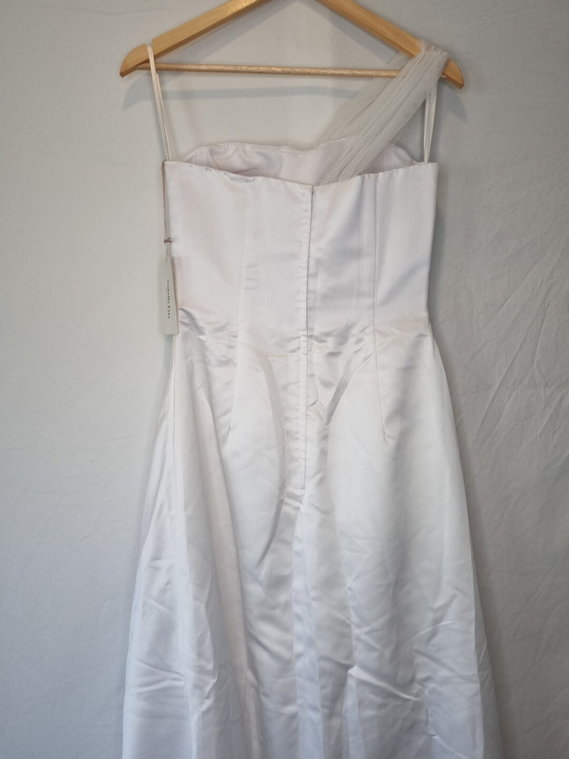 Isabella Faye White Satin Tulle Ruched Beaded One Shoulder Wedding Dress Sz 109