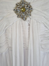 Imoda White Chiffon V neck Beaded Ruched Crystal Fitted Wedding Dress Sz 1215