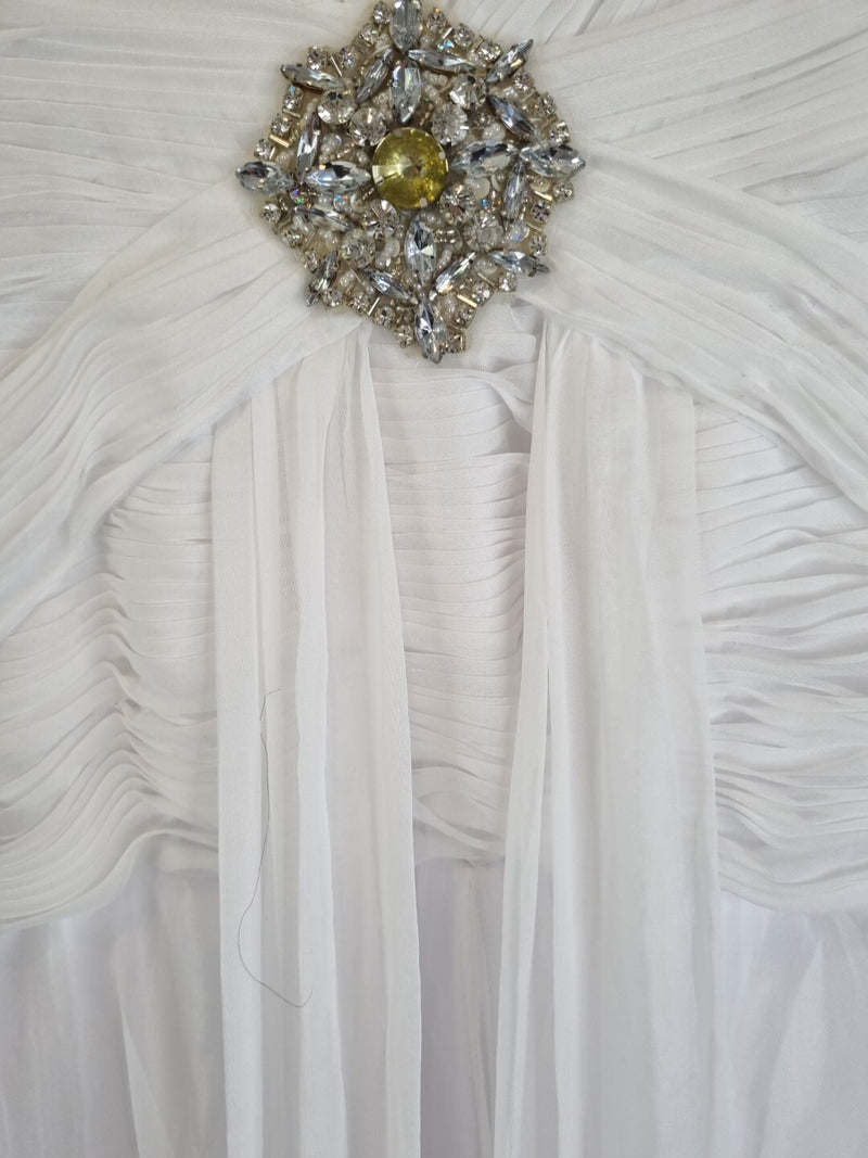 Imoda White Chiffon V neck Beaded Ruched Crystal Fitted Wedding Dress Sz 1215