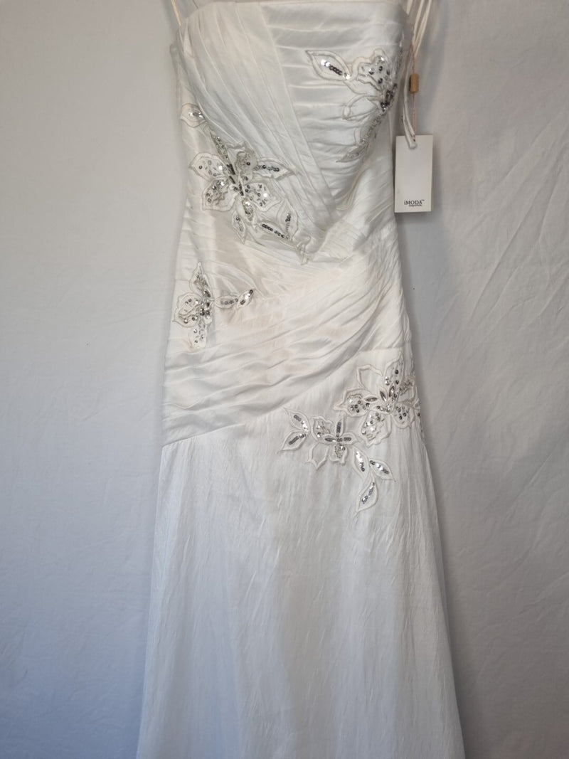 Imoda White Beaded Sequin Embroidered Pleated A-line Wedding Dress Sz 81