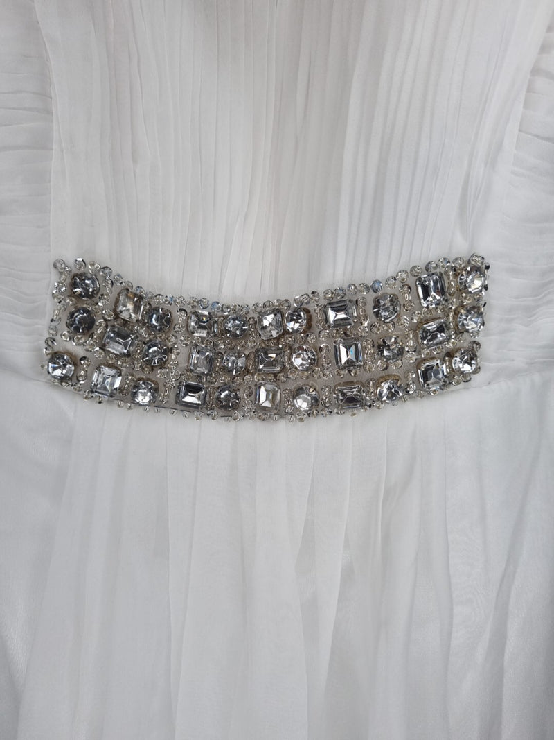 Imoda White Chiffon Ruched Pleated Crystal Grecian Empire Wedding Dress Sz 86