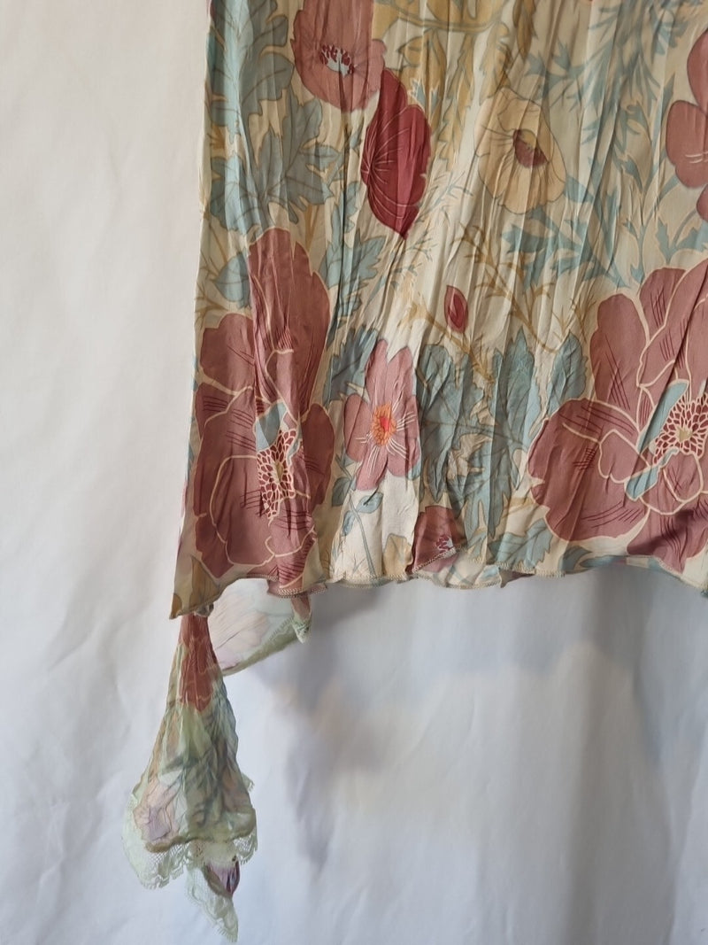 Imoda Pink Blue Beige Floral Ruffle Lace Layered Casual Singlet Silk Top Size M8