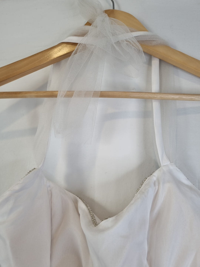 Imoda White Satin Tulle Beaded Sequin Backless Halter Neck Wedding Dress Sz 812