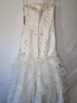 Imoda Ivory Lace Sweetheart Beaded Mermaid Ruffled Train Wedding Dress Sz 1010