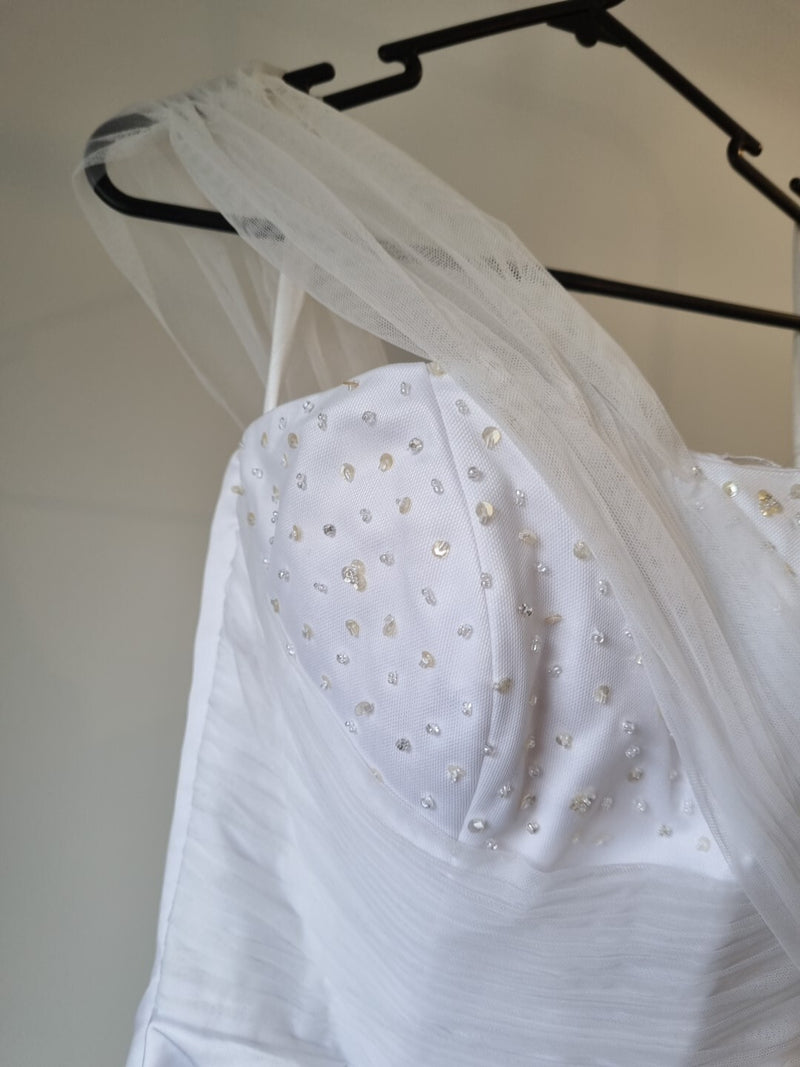 iModa White Sweethear Tulle One Shoulder Beaded Sequin Gathered Wedding Dress 103