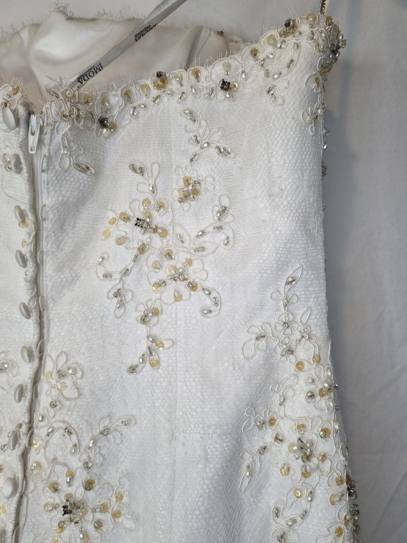 Imoda Ivory Lace Sweetheart Beaded Mermaid Ruffled Train Wedding Dress Sz 1014