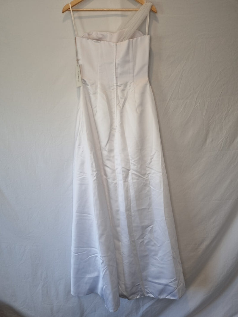 Isabella Faye White Satin Tulle Ruched Beaded One Shoulder Wedding Dress Sz 108