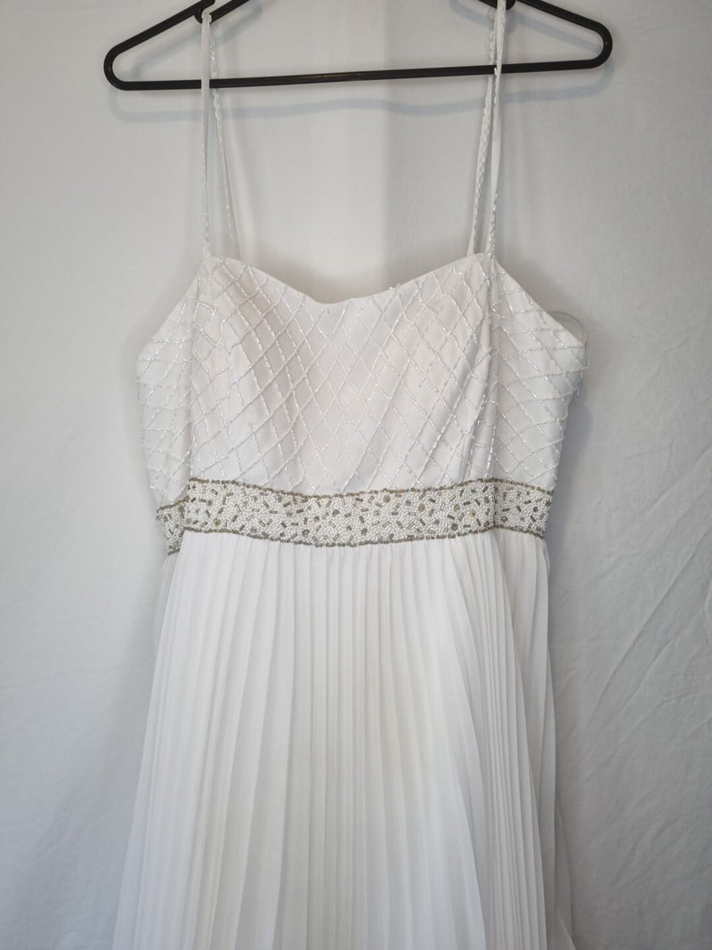 Imoda White Chiffon Pleated Beaded Tiered Strapped Wedding Dress Sz 102