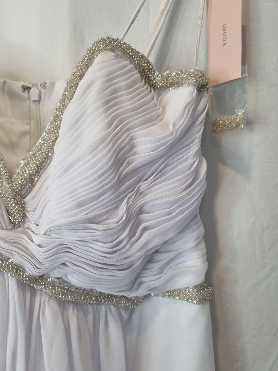 Imoda White Chiffon Sweetheart Beaded Ruched Empire Wedding Dress Sz 84