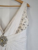 Imoda White Chiffon V neck Beaded Ruched Crystal Fitted Wedding Dress Sz 1212