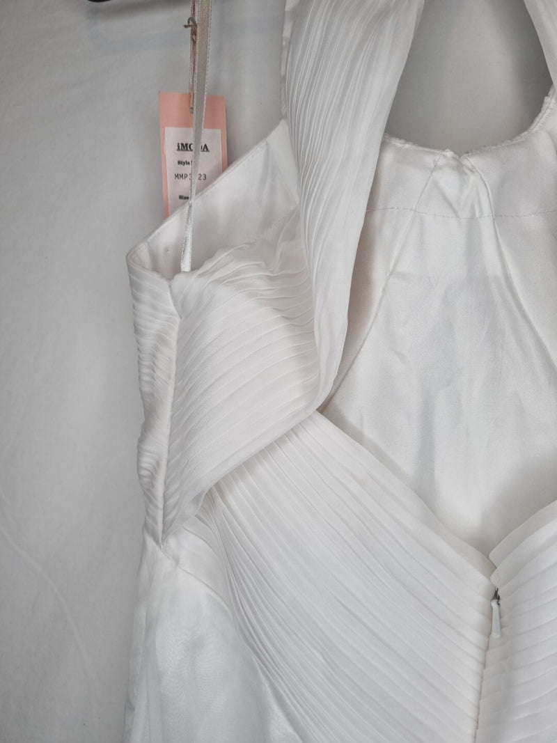 Imoda White Chiffon Ruched Beaded Round Neck High Back Wedding Dress Sz 814