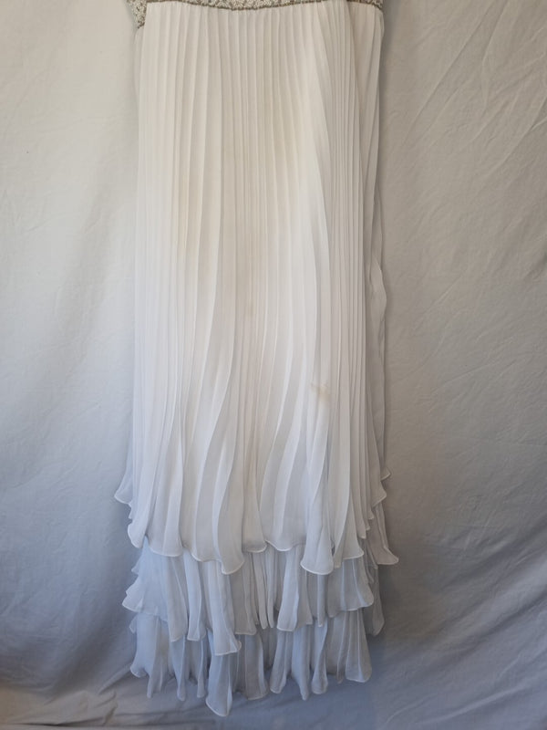 Imoda White Chiffon Pleated Beaded Tiered Strapped Wedding Dress Sz 141
