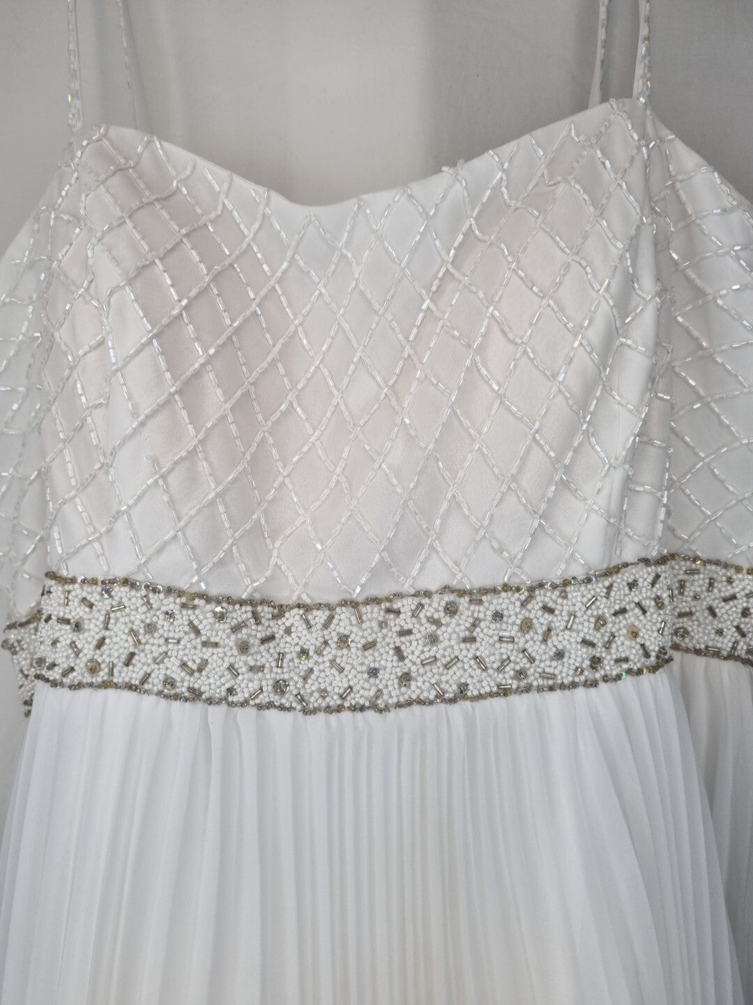 Imoda White Chiffon Pleated Beaded Tiered Strapped Wedding Dress Sz 143