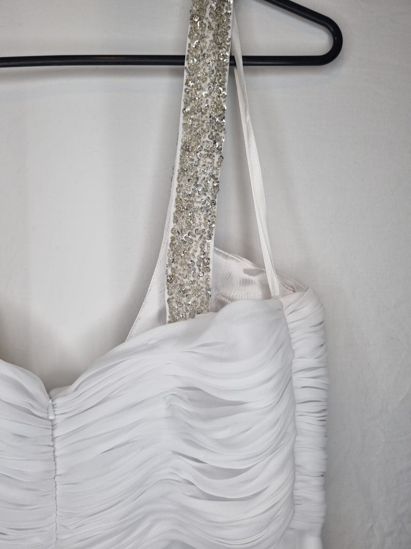 Imoda White Chiffon Ruched Beaded Scoop Neck Empire Wedding Dress Sz 1011