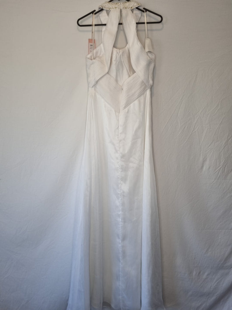 Imoda White Chiffon Ruched Beaded Round Neck High Back Wedding Dress Sz 106