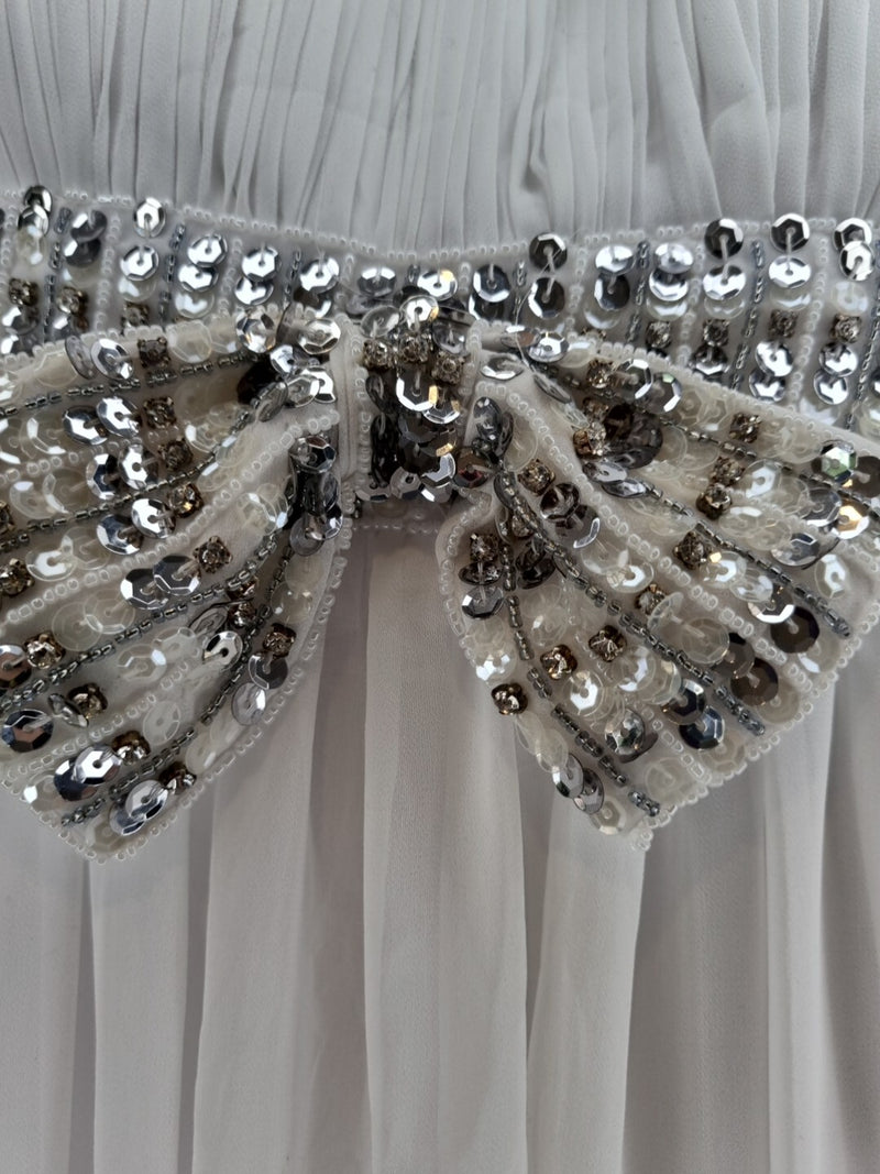 Imoda White Chiffon Ruched Beaded Sweetheart Strapless Wedding Dress Sz 126