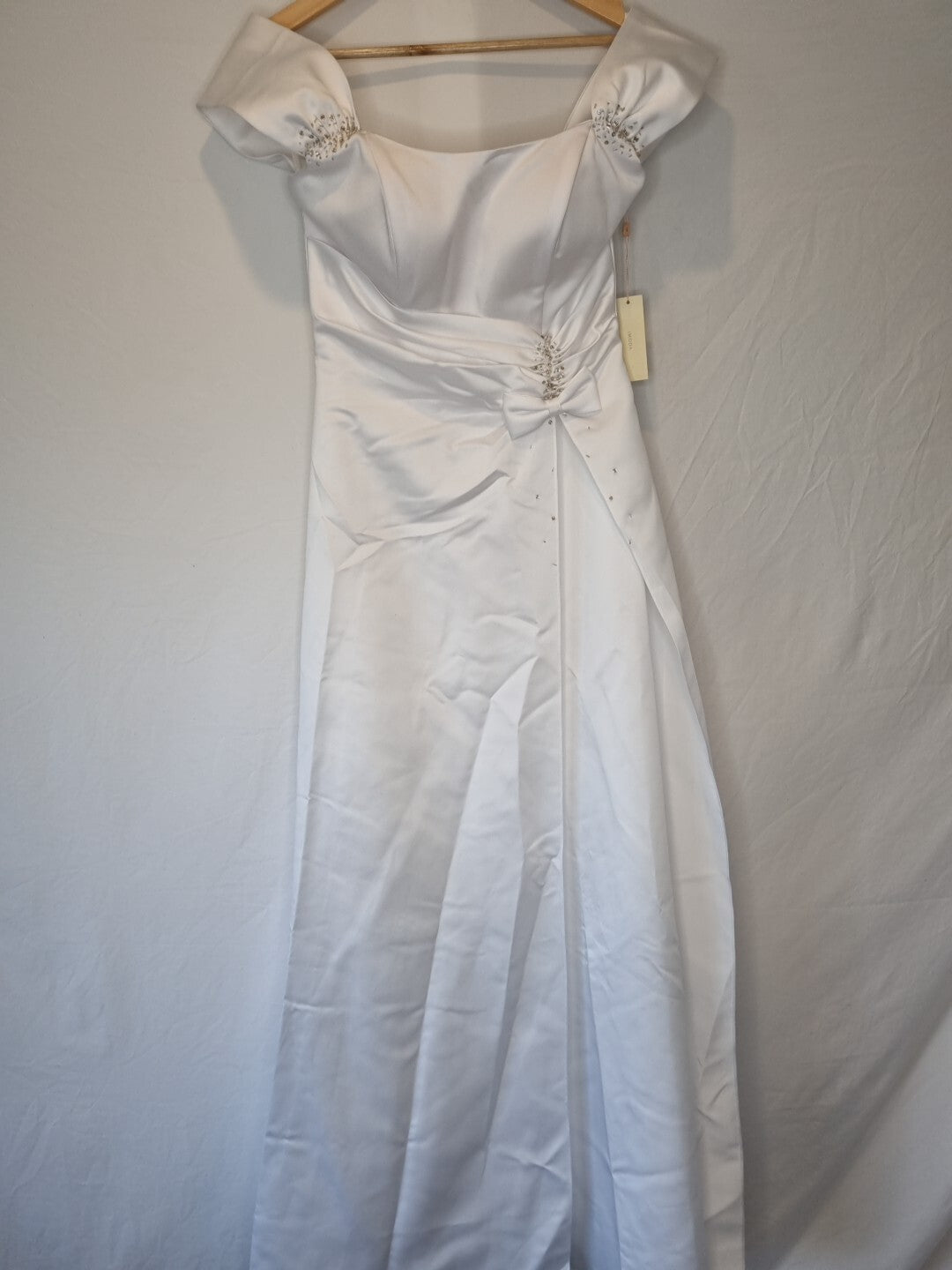 Imoda White Satin Off Shoulder Beaded Ruched Wedding Dress Sz 10