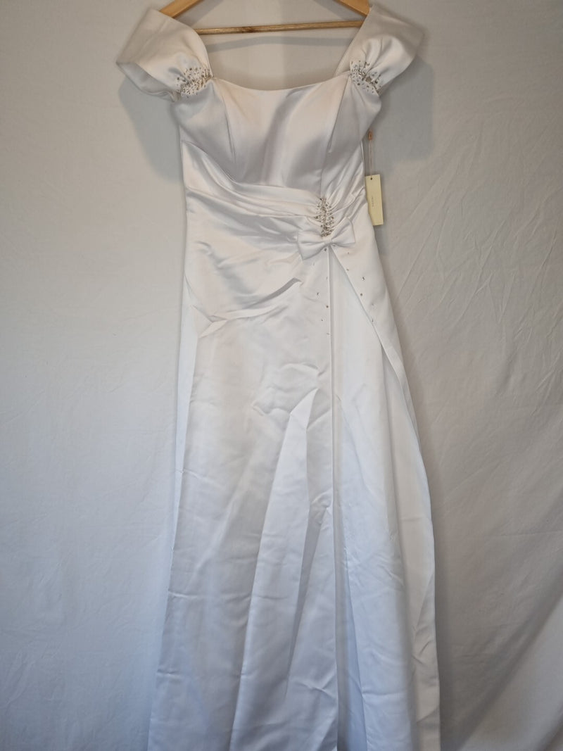 Imoda White Satin Off Shoulder Beaded Ruched Wedding Dress Sz 100