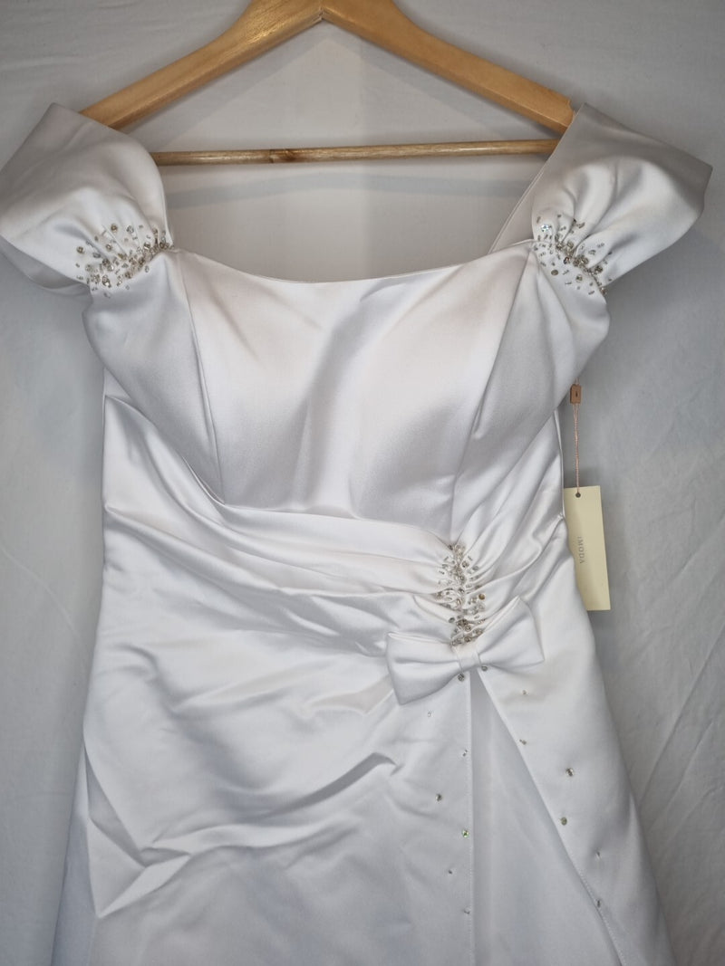 Imoda White Satin Off Shoulder Beaded Ruched Wedding Dress Sz 102