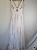 Imoda White Chiffon V neck Beaded Ruched Crystal Fitted Wedding Dress Sz 128