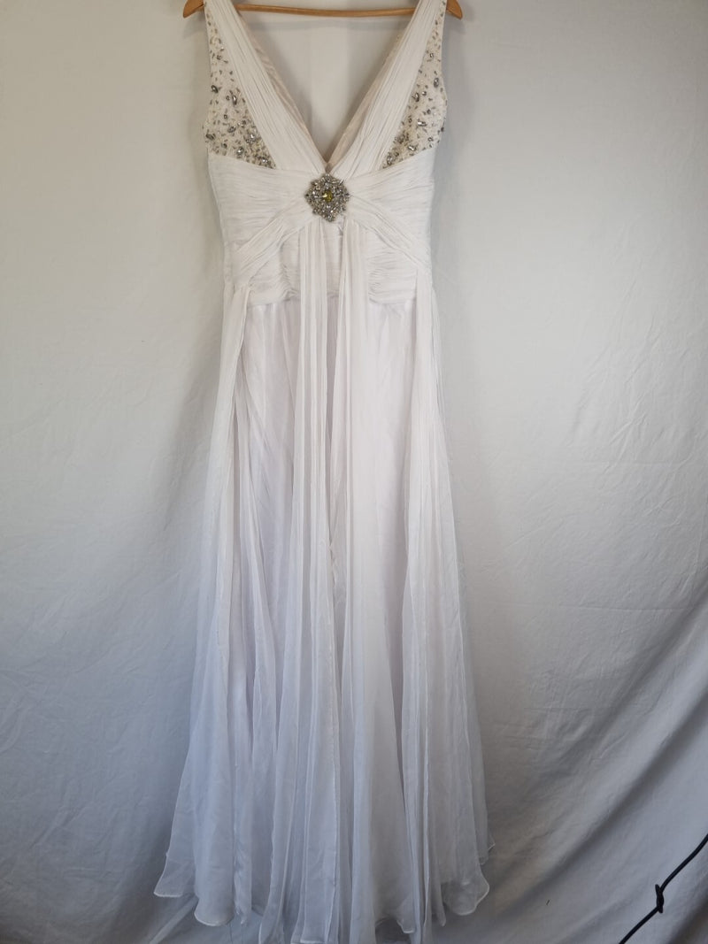Imoda White Chiffon V neck Beaded Ruched Crystal Fitted Wedding Dress Sz 128