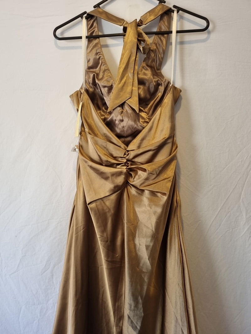 Imoda Brown Bronze Satin Ruched Beaded Halter Evening Bridesmaid Dress Sz 811