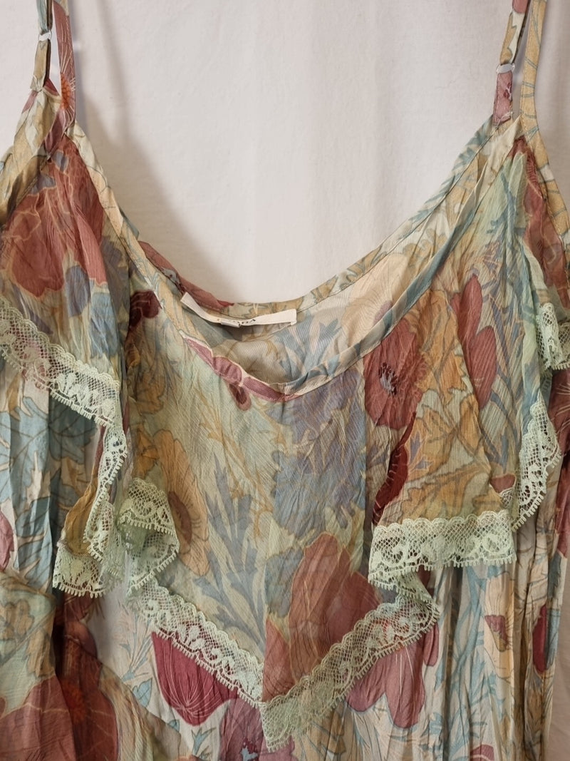 Imoda Pink Blue Beige Floral Ruffle Lace Layered Casual Singlet Silk Top Size M3