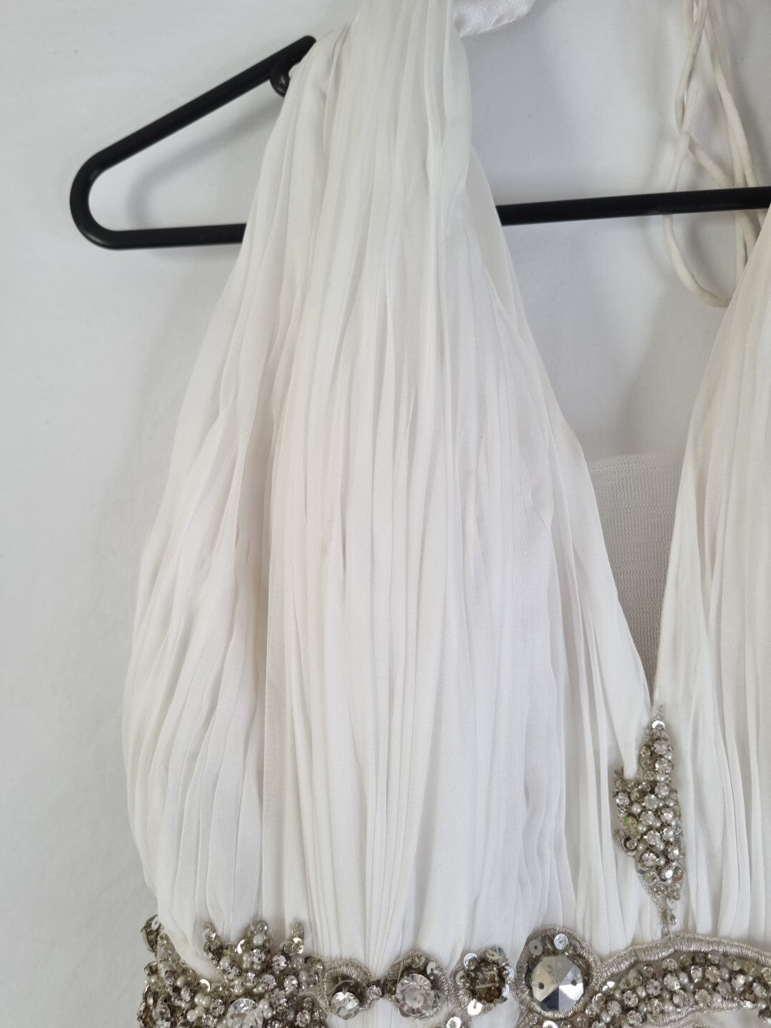 Imoda Ivory Chiffon Halter Neck Ruched Crystal Bead Backless Wedding Dress Sz 66