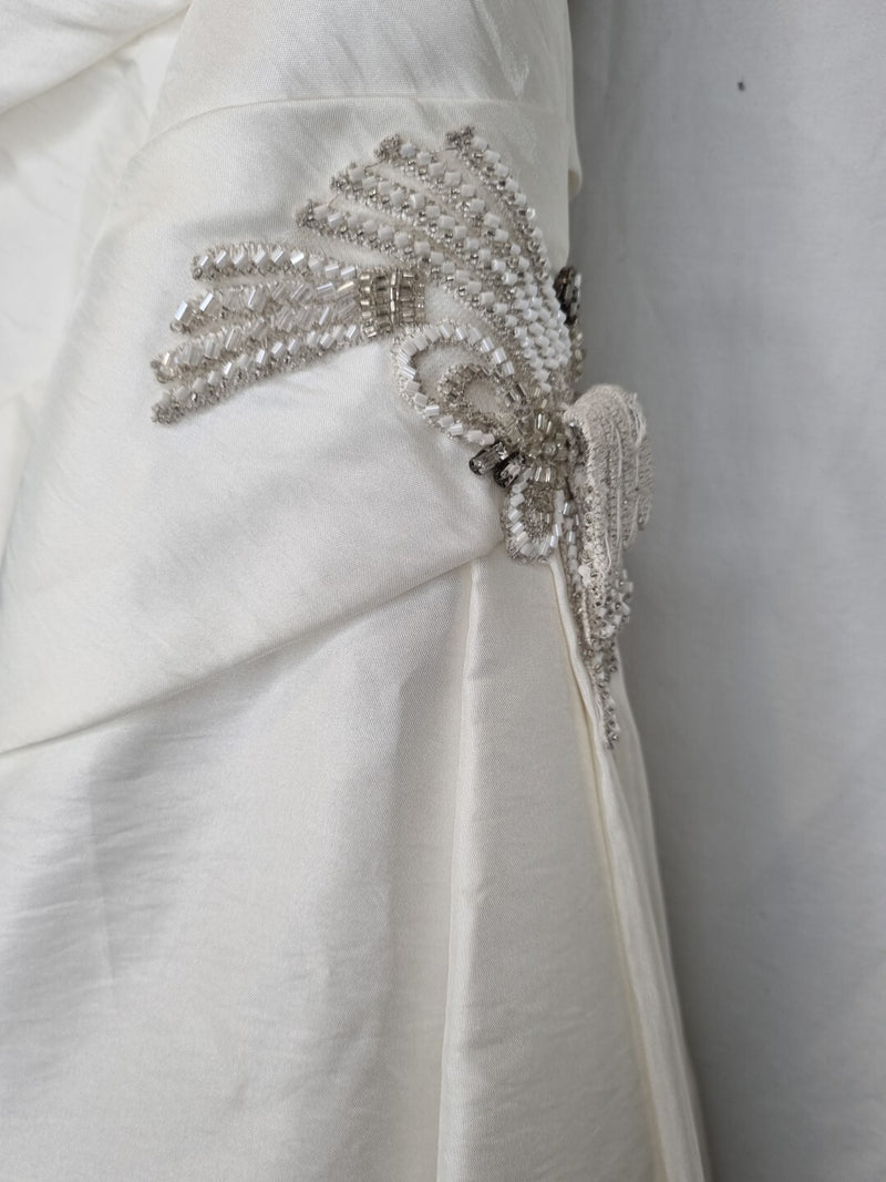 Imoda Ivory Ruched Pleated Beaded A-line Train Wedding Dress Sz 104