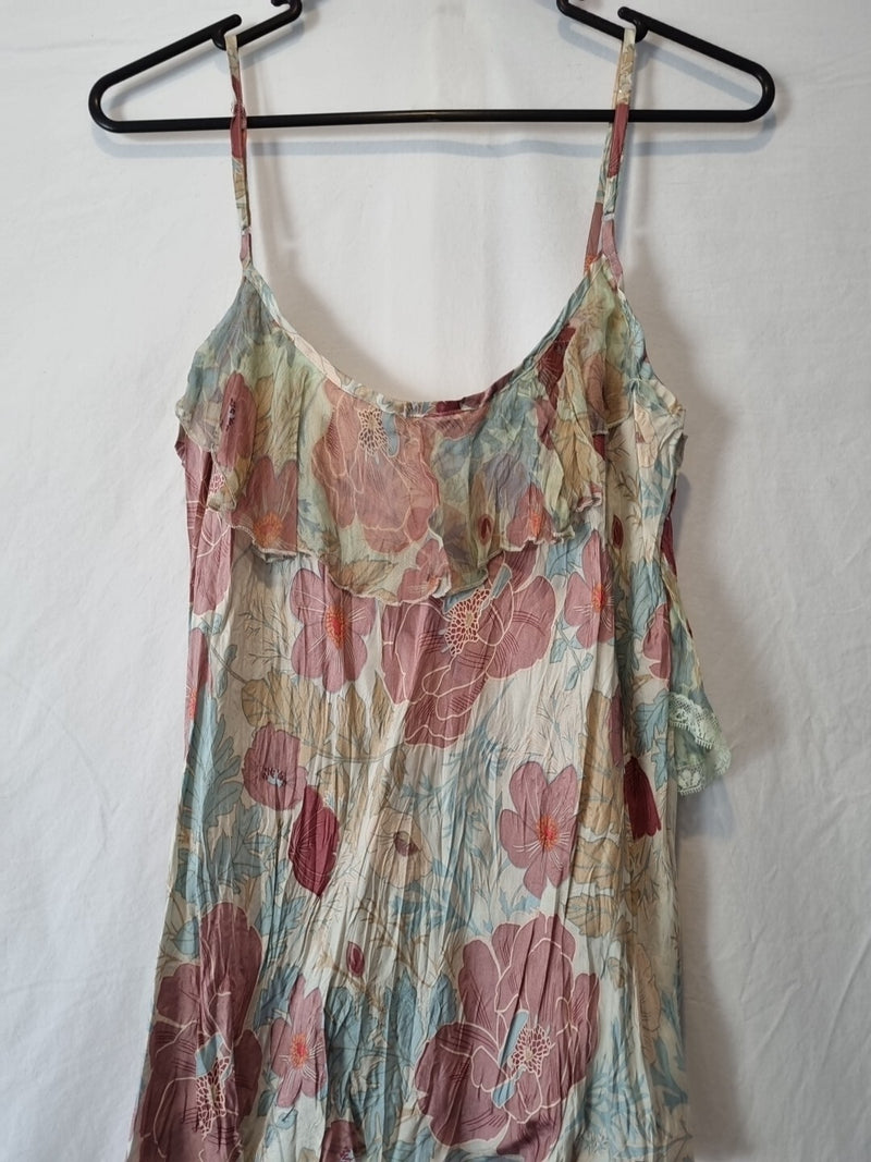 Imoda Pink Blue Beige Floral Ruffle Lace Layered Casual Singlet Silk Top Size M7