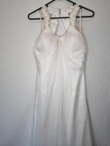 Imoda White Chiffon Ruched Beaded Round Neck High Back Wedding Dress Sz 82