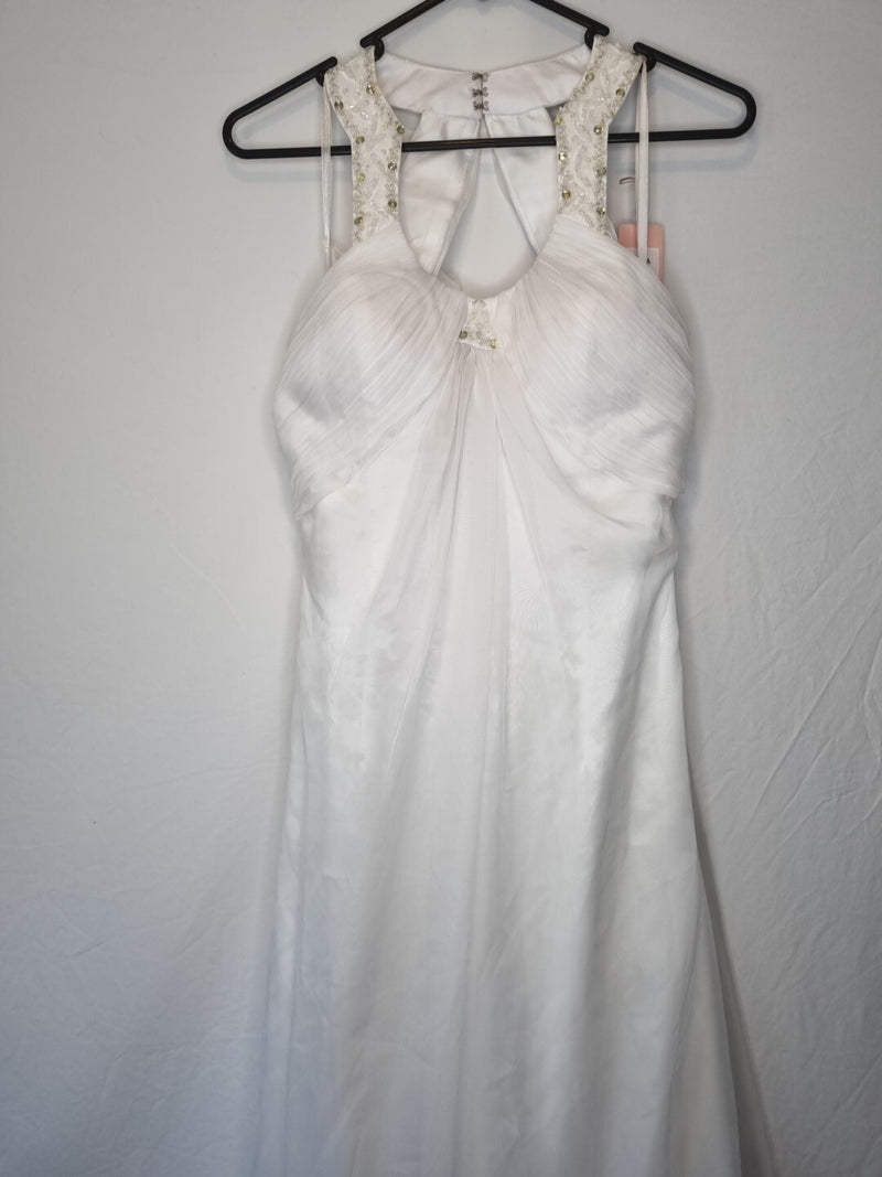Imoda White Chiffon Ruched Beaded Round Neck High Back Wedding Dress Sz 82