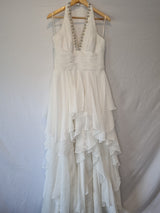 Isabella Faye Ivory Chiffon Ruched Beaded Halter Neck Train Wedding Dress Sz 121