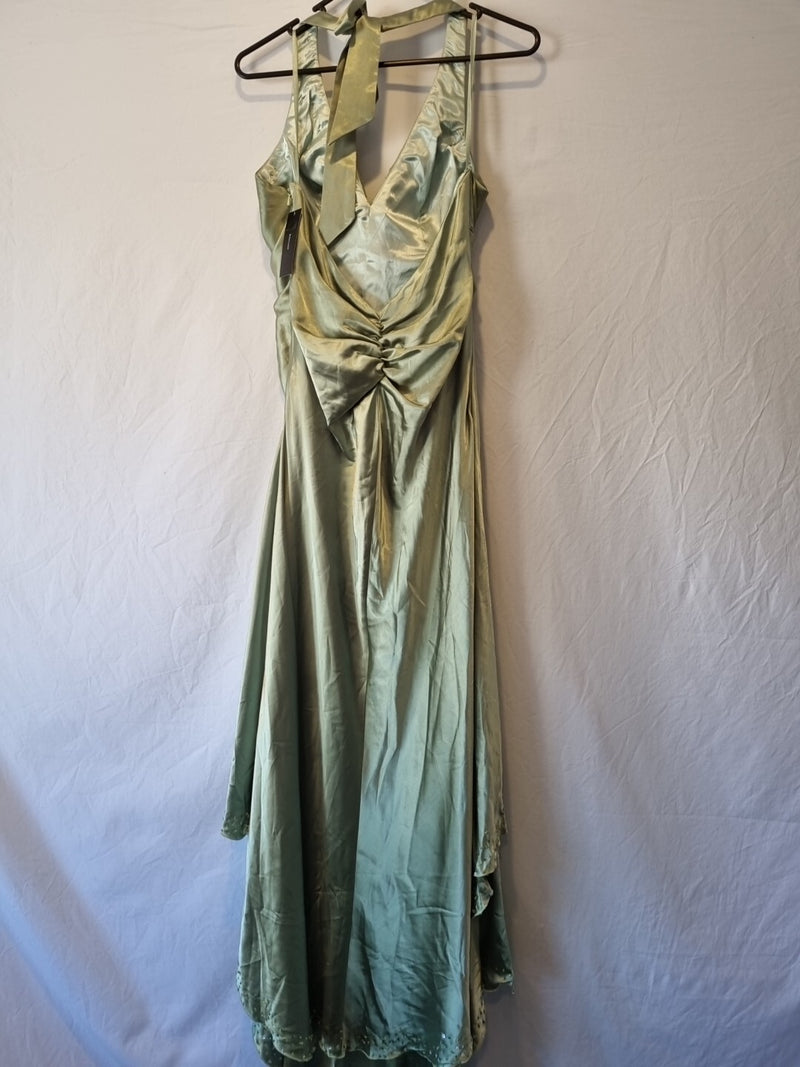 Giovanni Satin Green Ruched Beaded Halter Neck Evening Bridesmaid Dress Sz 108