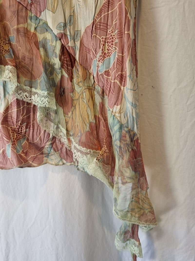 Imoda Pink Blue Beige Floral Ruffle Lace Layered Casual Singlet Silk Top Size M2