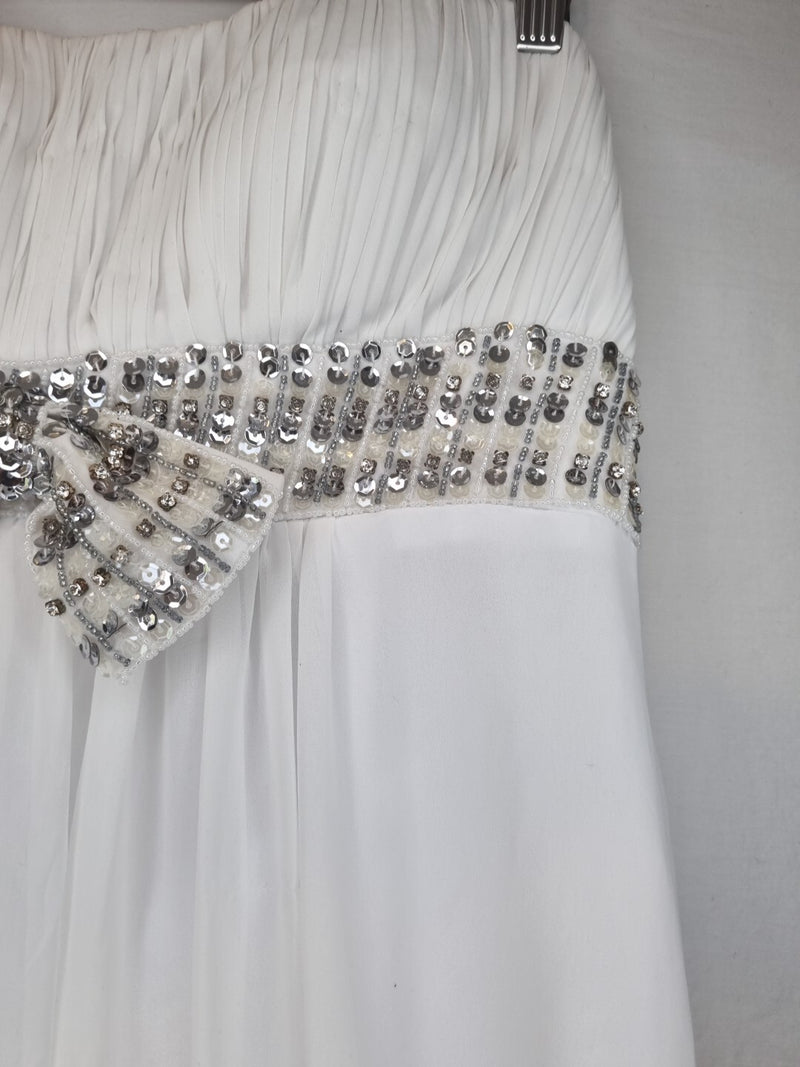 Imoda White Chiffon Ruched Beaded Sweetheart Strapless Wedding Dress Sz 125