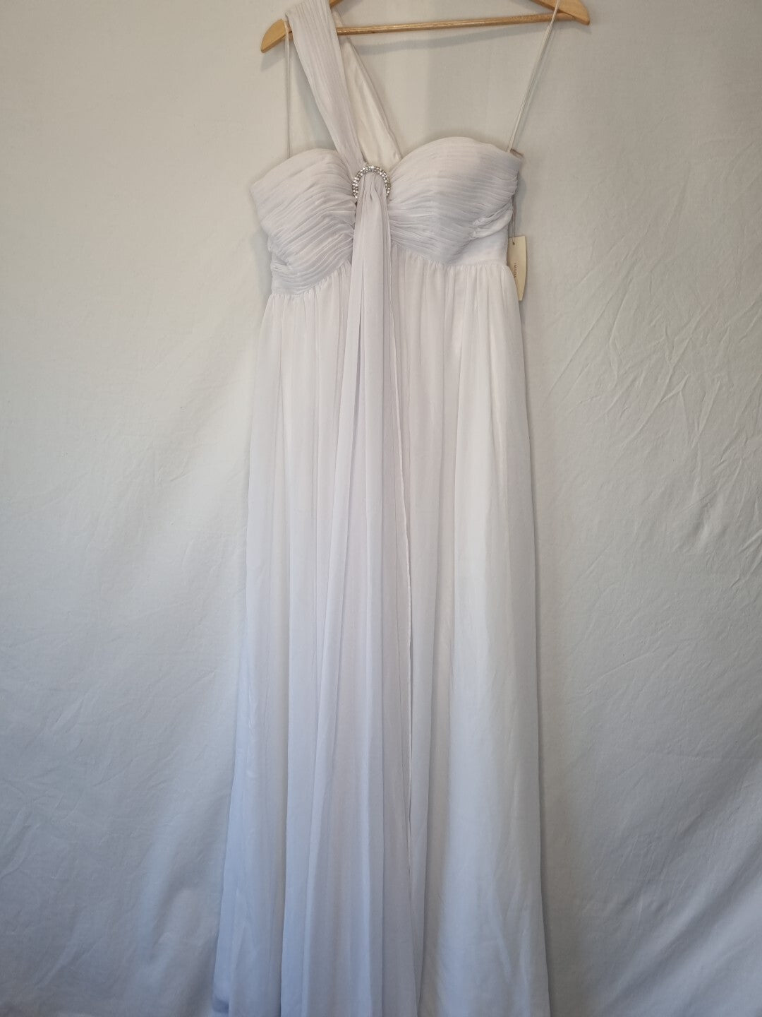 Imoda White Chiffon Ruched Crystal One Shoulder Empire Wedding Dress Sz 120