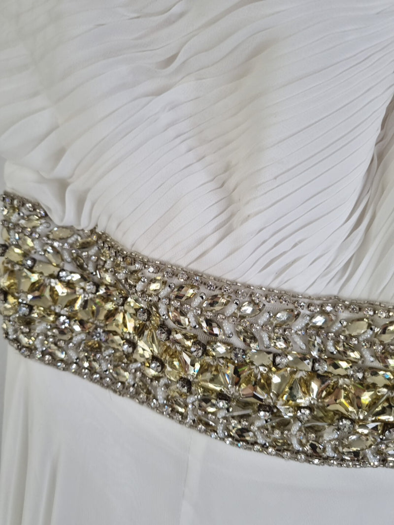 Imoda Ivory Chiffon One Shoulder Ruched Crystal Diamante Wedding Dress Sz 105