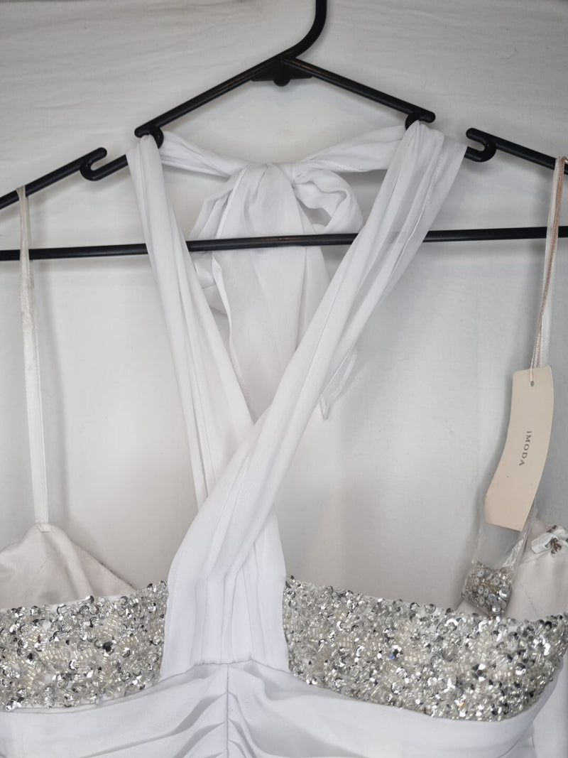 Imoda White Chiffon Ruched Beaded Halter Neck Empire Wedding Dress Sz 104