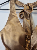 Imoda Brown Bronze Satin Ruched Beaded Halter Evening Bridesmaid Dress Sz 86