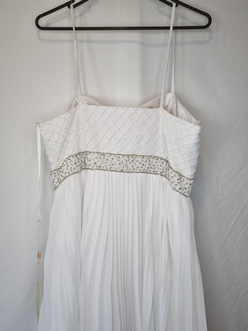 Imoda White Chiffon Pleated Beaded Tiered Strapped Wedding Dress Sz 1410