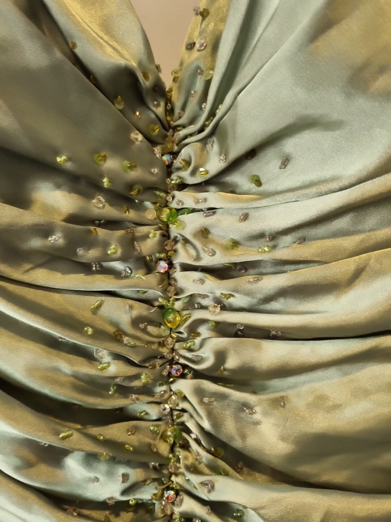 Giovanni Satin Green Ruched Beaded Halter Neck Evening Bridesmaid Dress Sz 104