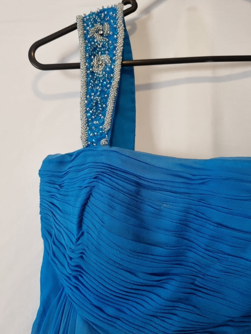 Imoda Chiffon Blue Ruched Beaded One Shoulder Evening Bridesmaid Silk Dress Sz105